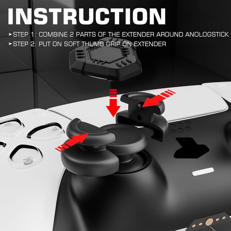 PlayRealm NO FALLING OFF Thumbstick Extender & Silicone Grip Cover 2 Sets for PS5 & PS4 Controller (UFO Black) - Image 3